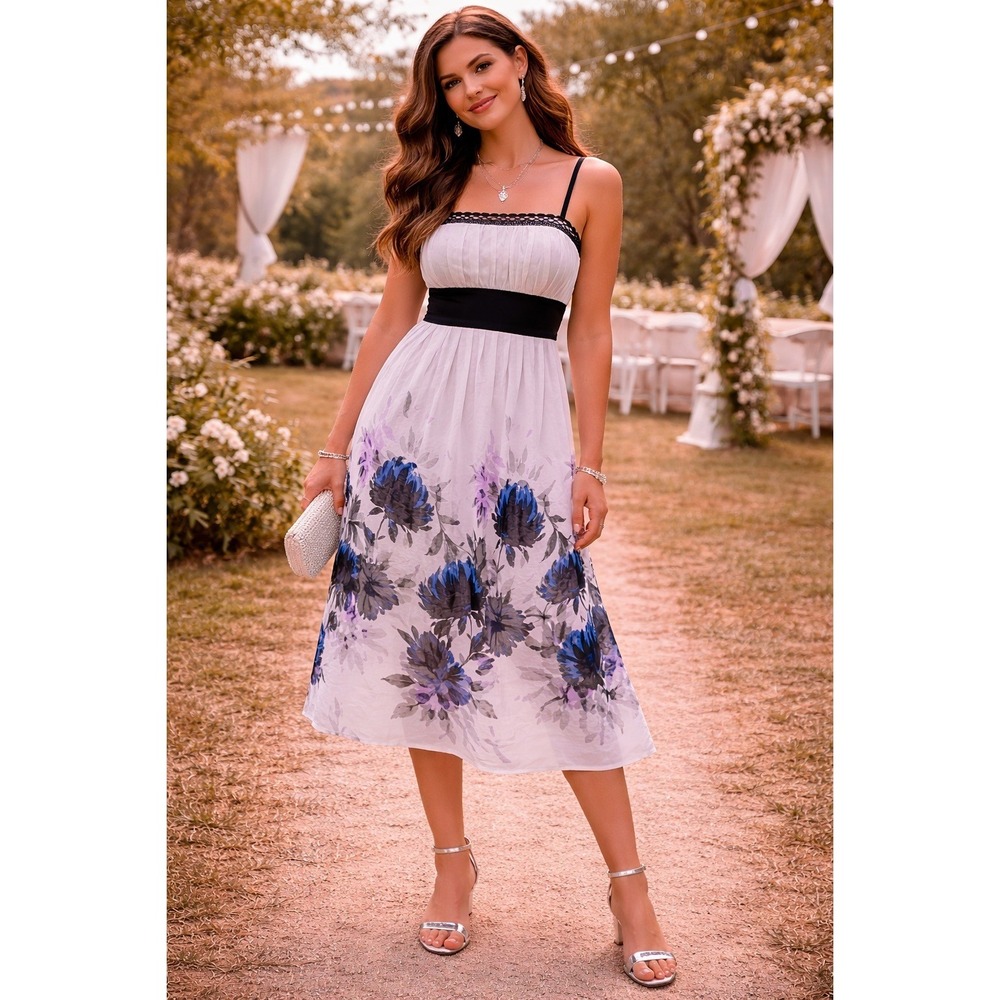 Boho Whimsigoth Fairycore White Black Floral Sleeveless Floral 8 Midi Dress - Picture 1 of 12